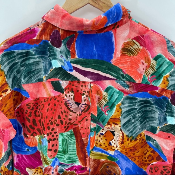 Farm Rio Anthropologie Linen Jungle Print Relaxed Linen Romper Long Sleeve Small - Picture 13 of 15